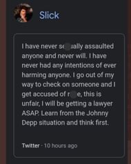 Now deleted tweet by Slick denying all the acussatory claims (Image via Slick/twitter)